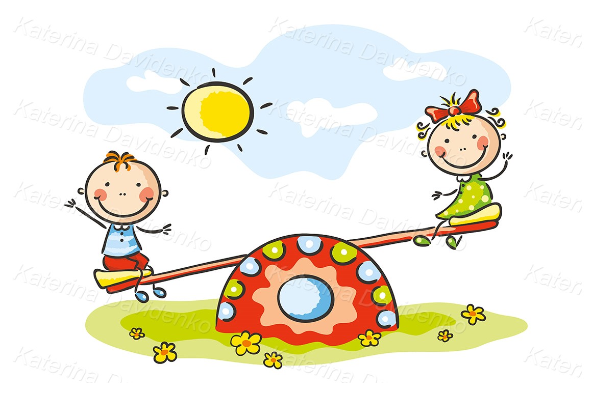 Stick kids at the playground. Happy child's drawing clipart