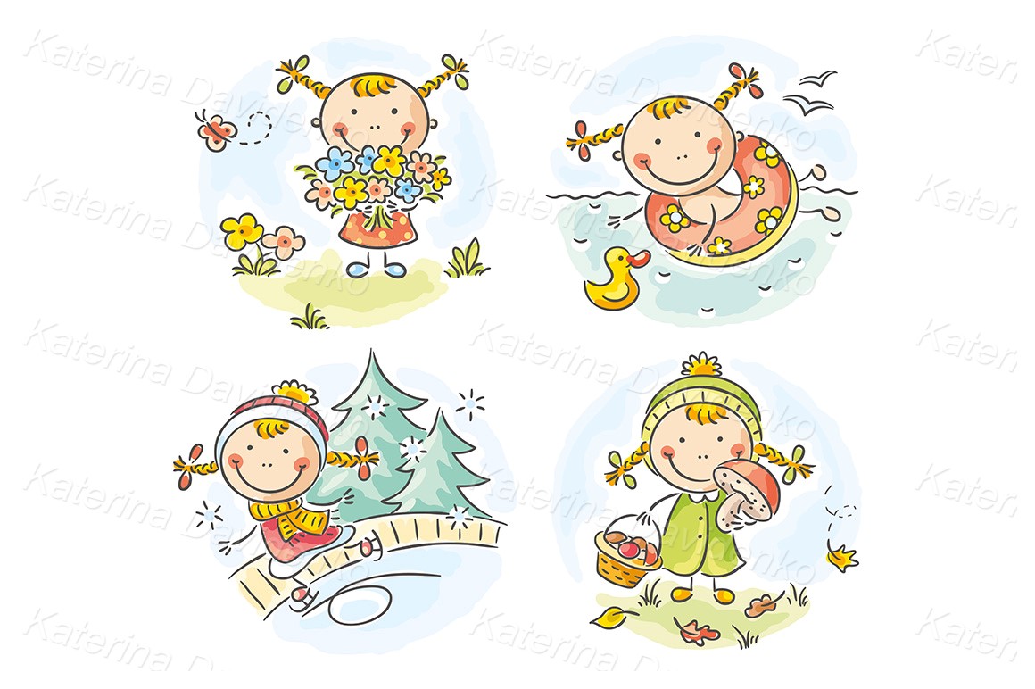 Doodle girl's activities during the four seasons. Hand drawn cartoon image stock