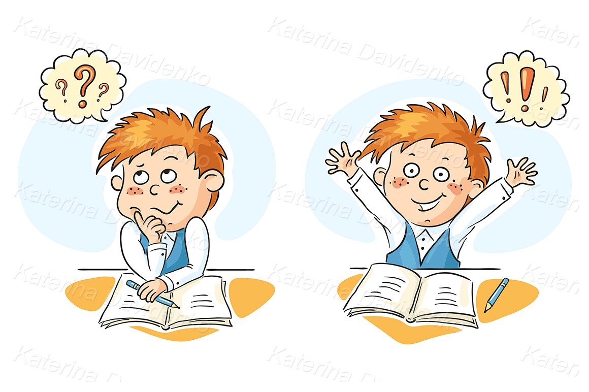 School boy thinks and gets an idea. Child's drawing cartoon illustration clipart