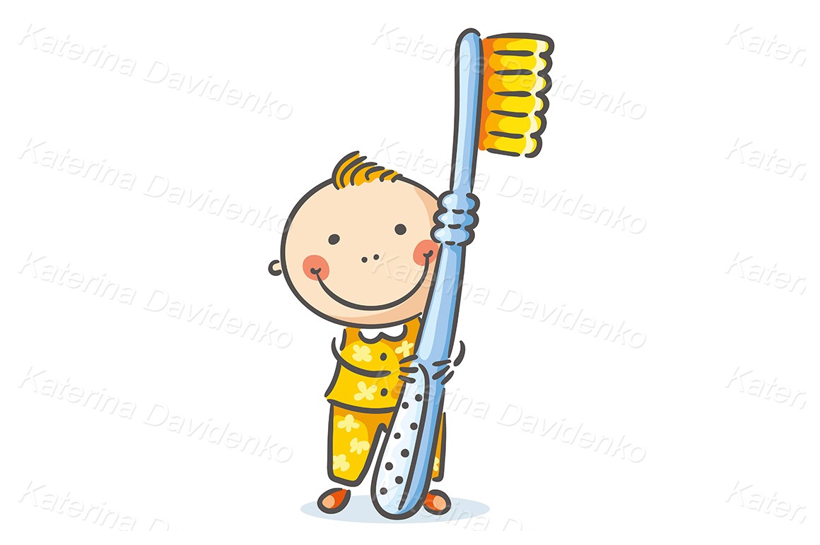 Doodle hand drawn little child with toothbrush. Vector illustration stock clipart