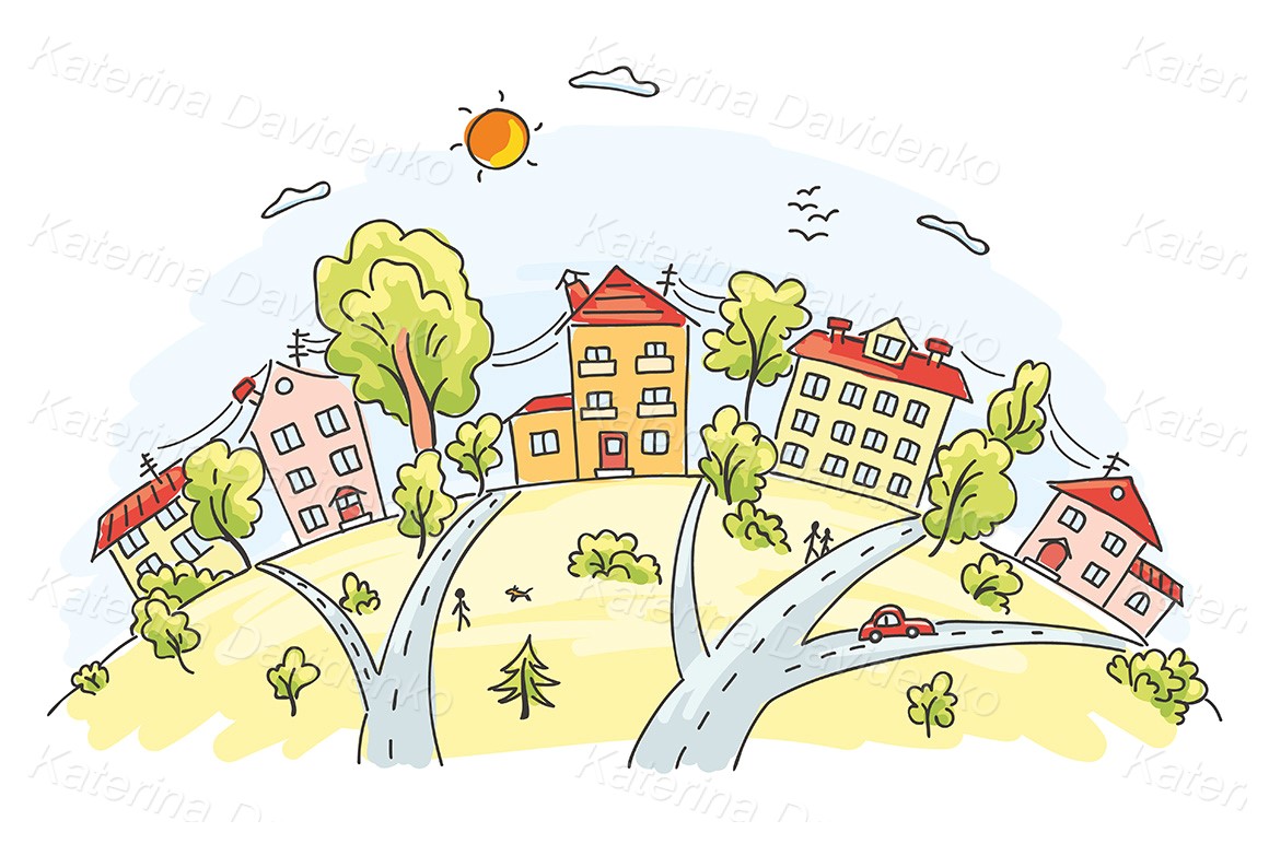 Illustration child's drawing cartoon town on a hill