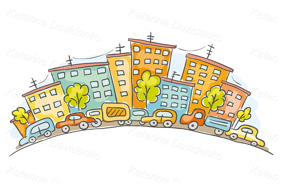 Cartoon cityscape with cars and houses