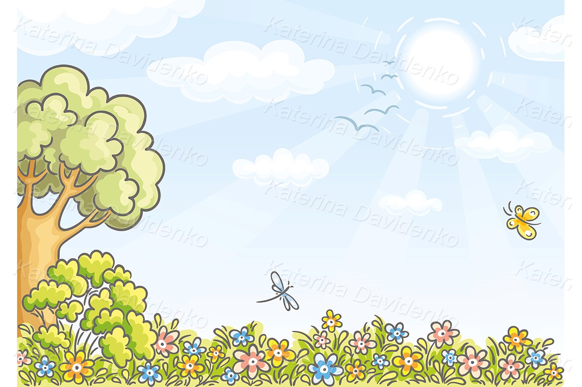 Cartoon frame or background with a tree and flowers