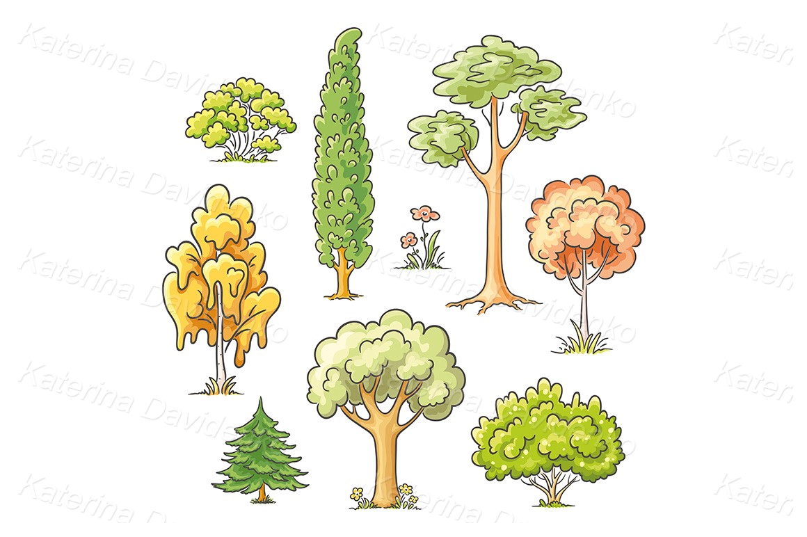 Set of different cartoon hand drawn trees