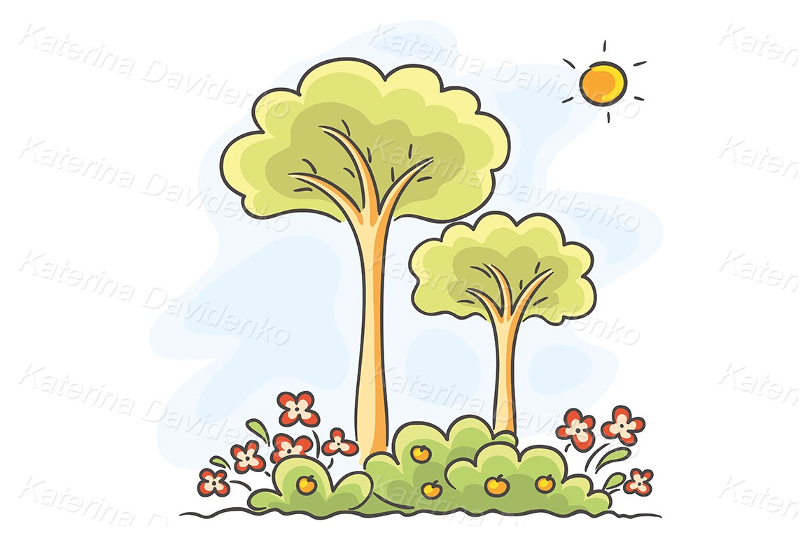 Vector illustration cartoon trees and flowers drawing