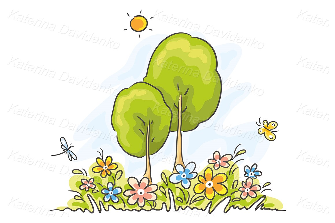 Summer cartoon landscape. Trees and flowers svg png pdf image