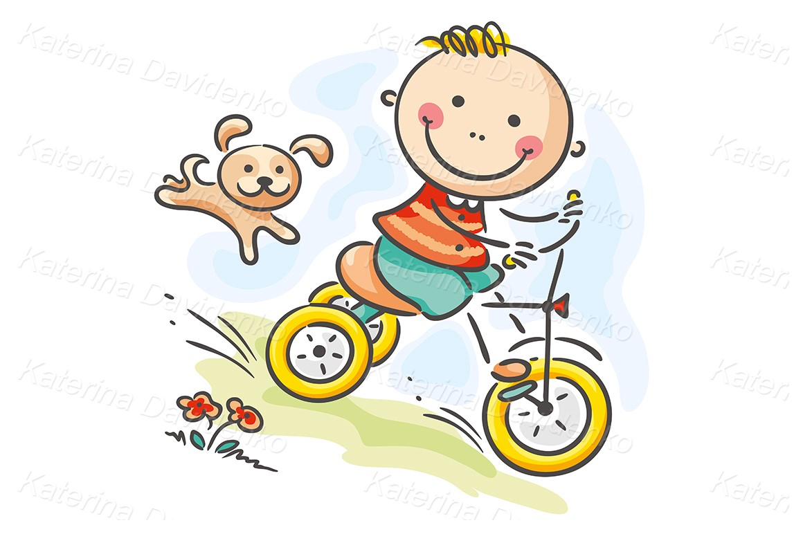 Stick figure svg illustration. Child drawing doodle boy riding his tricecle