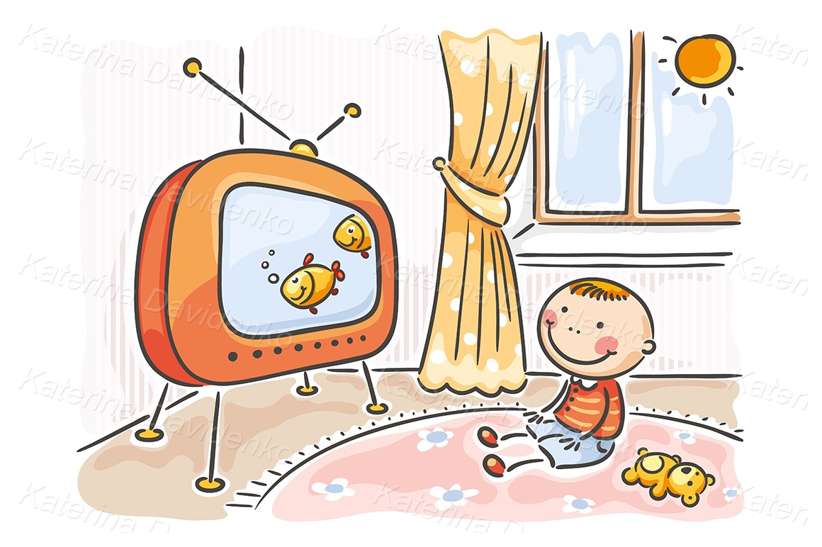 Doodle cartoon child watching TV in his room