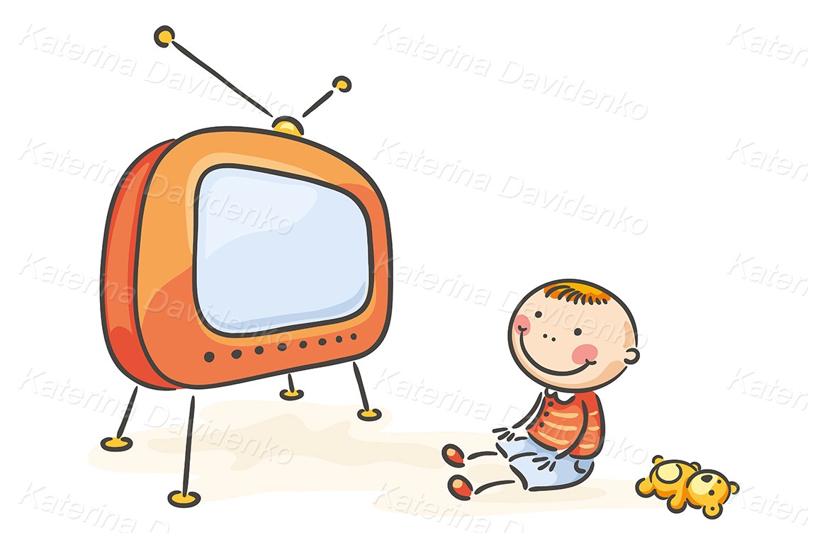 Stick figure cartoon kid watching TV