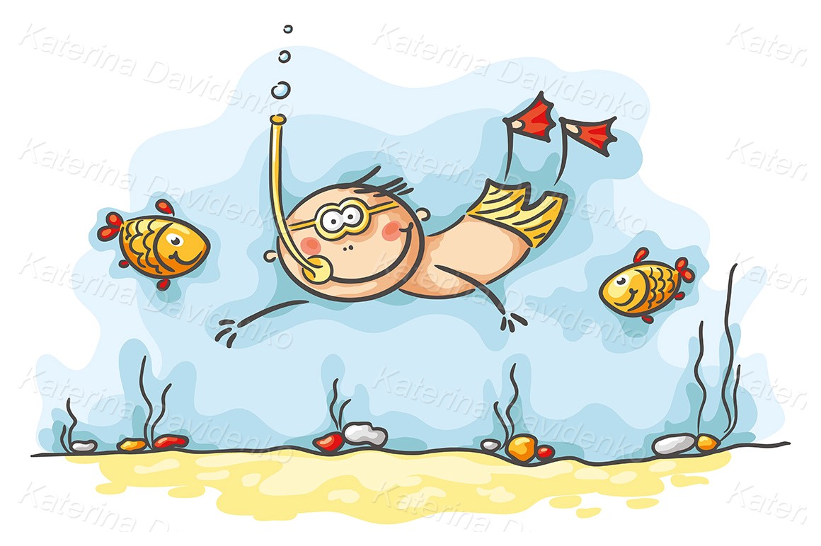 Vector clipart illustration. Diver, swimming people
