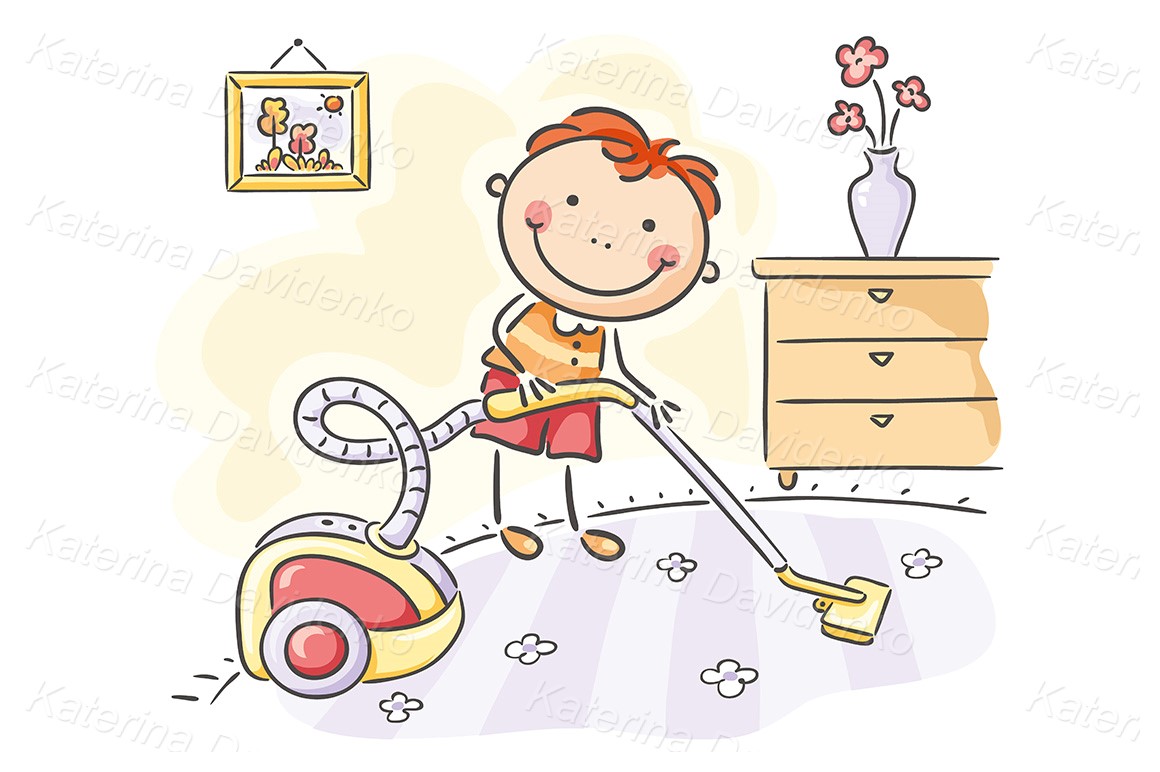 Doodle cartoon cute child helping housework vacuum cleaner clipart