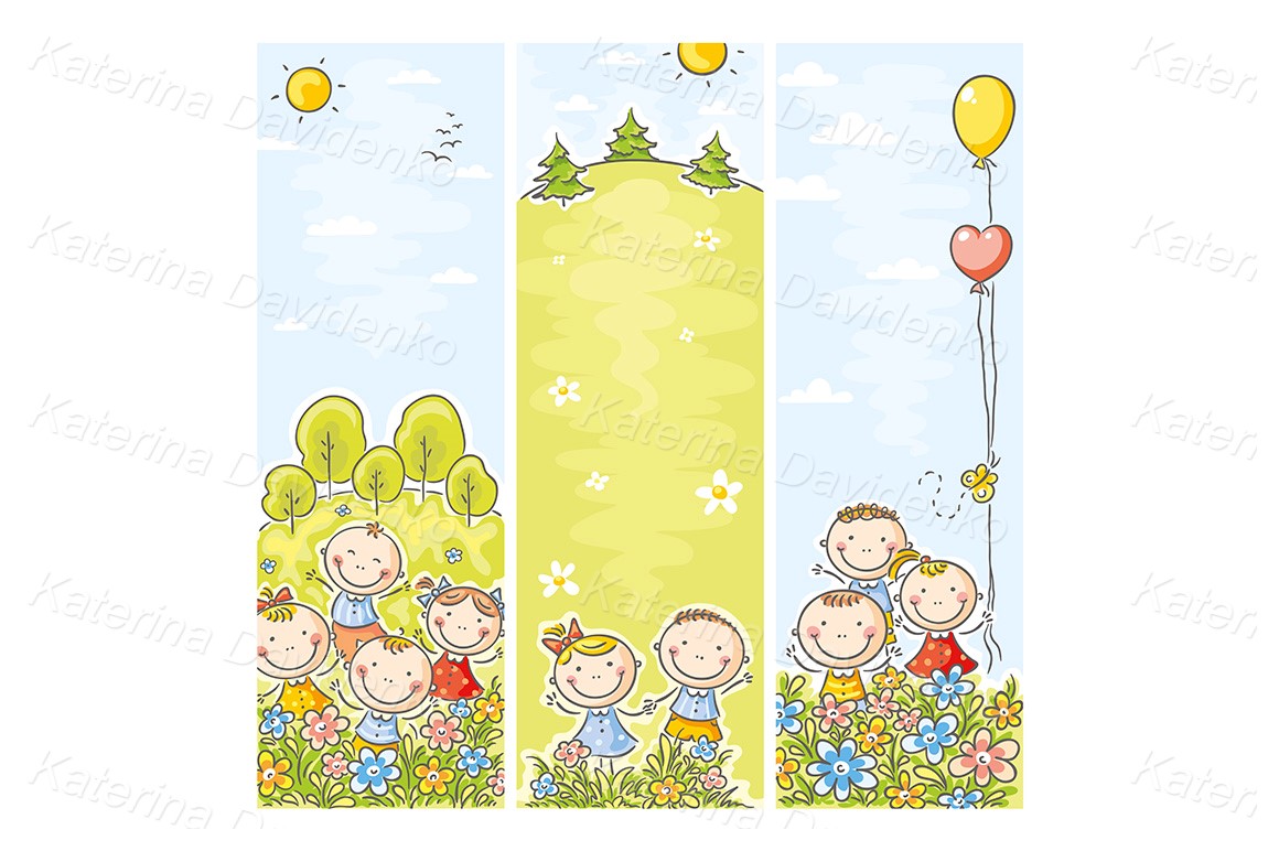 Vertical happy cartoon kids banners with copy space. Image set