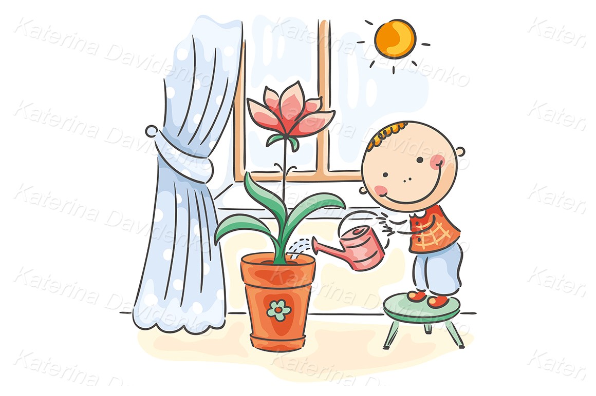 Kids clipart illustration. Watering flowers, helping parents