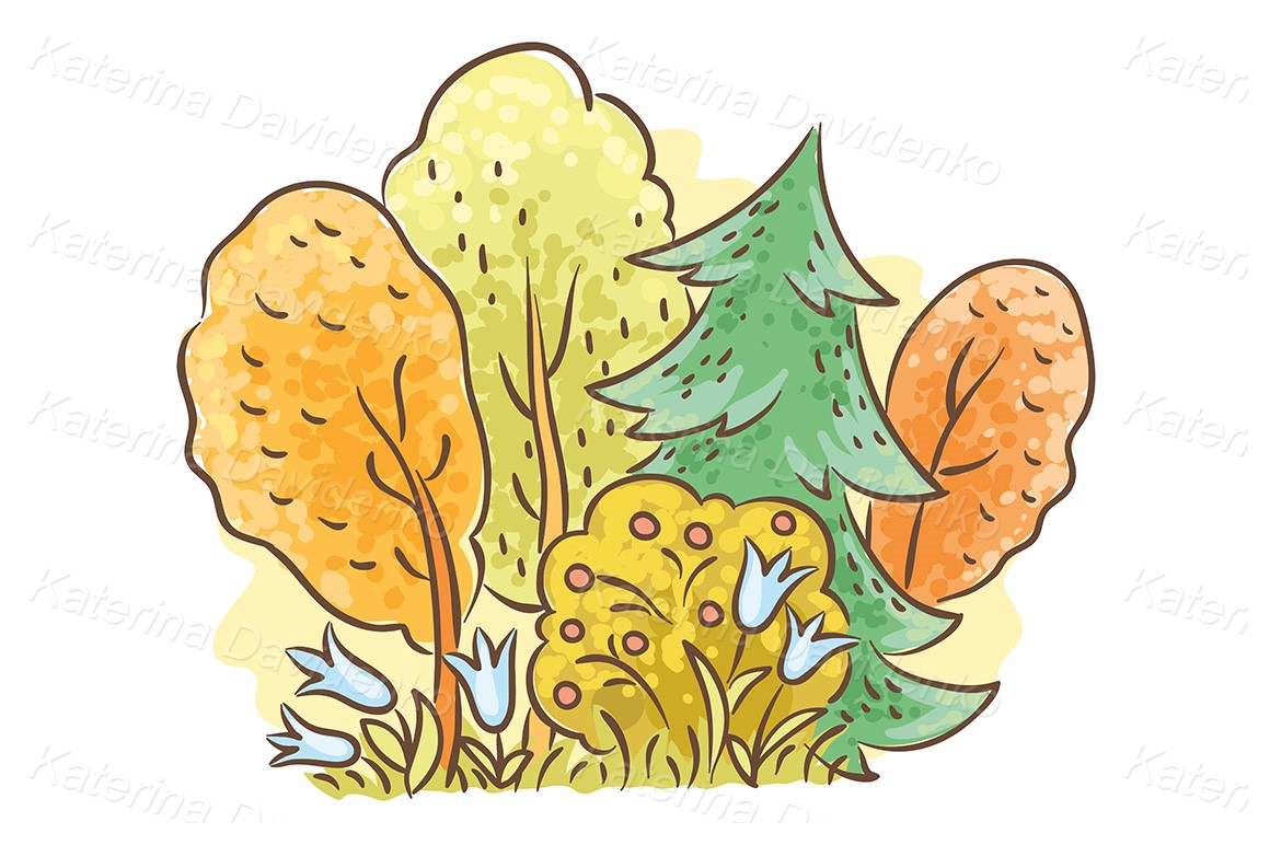 Nature clipart. Cartoon autumn forest with flowers