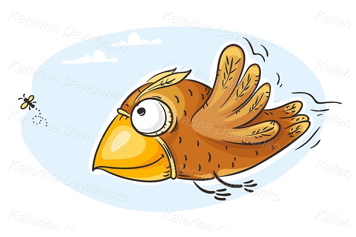 Cartoon child's drawing vector illustration bird catching fly