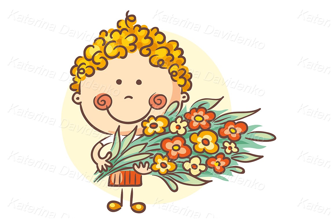 Cartoon child holding a big bouquet of flowers