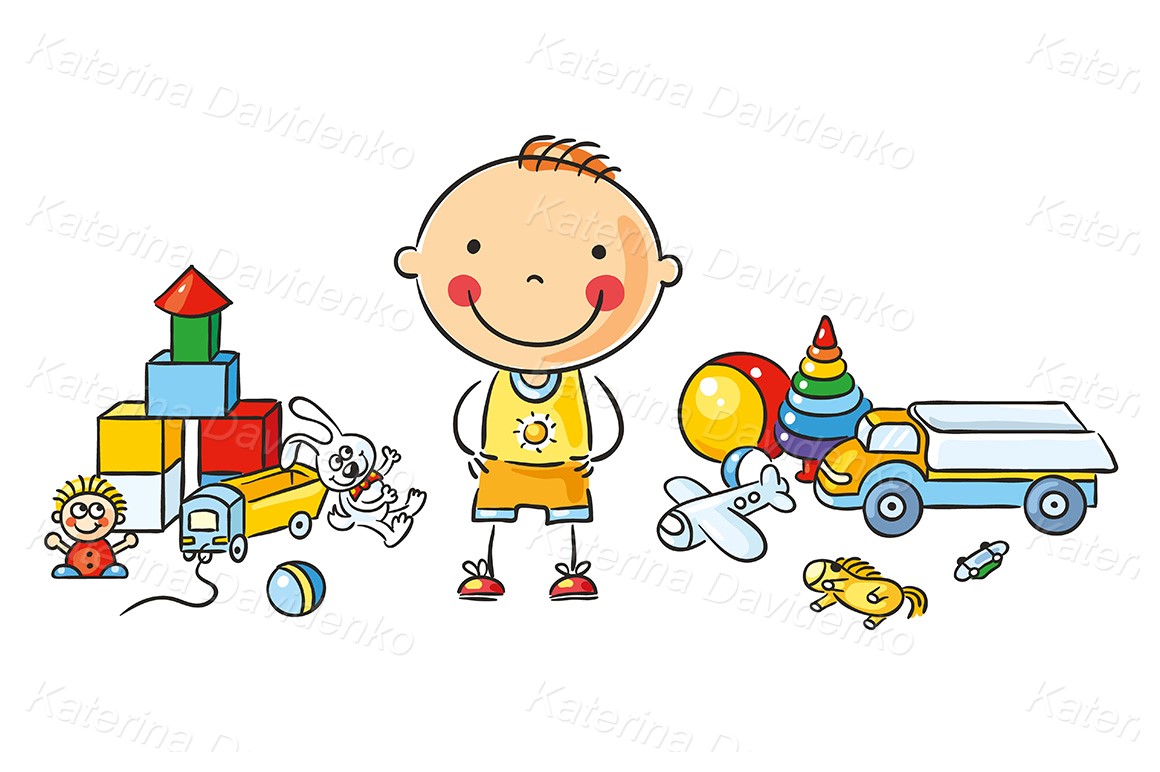 Cartoon kids clipart. Stick figure, doodle cute boy with toys