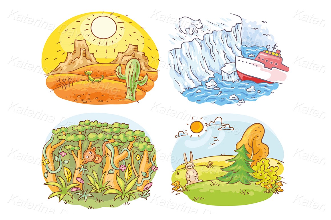 Set of four different cartoon climatic zones - desert, Arctic, jungle and moderate climate