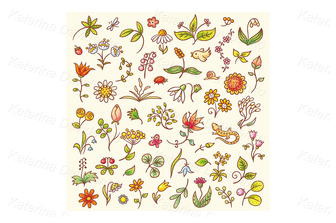 Set of cartoon hand drawn floral design elements