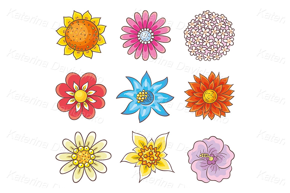 Isolated cartoon hand drawn flowers of different kinds