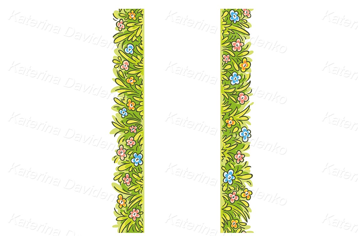 Seamless vertical borders with cartoon grass and flowers