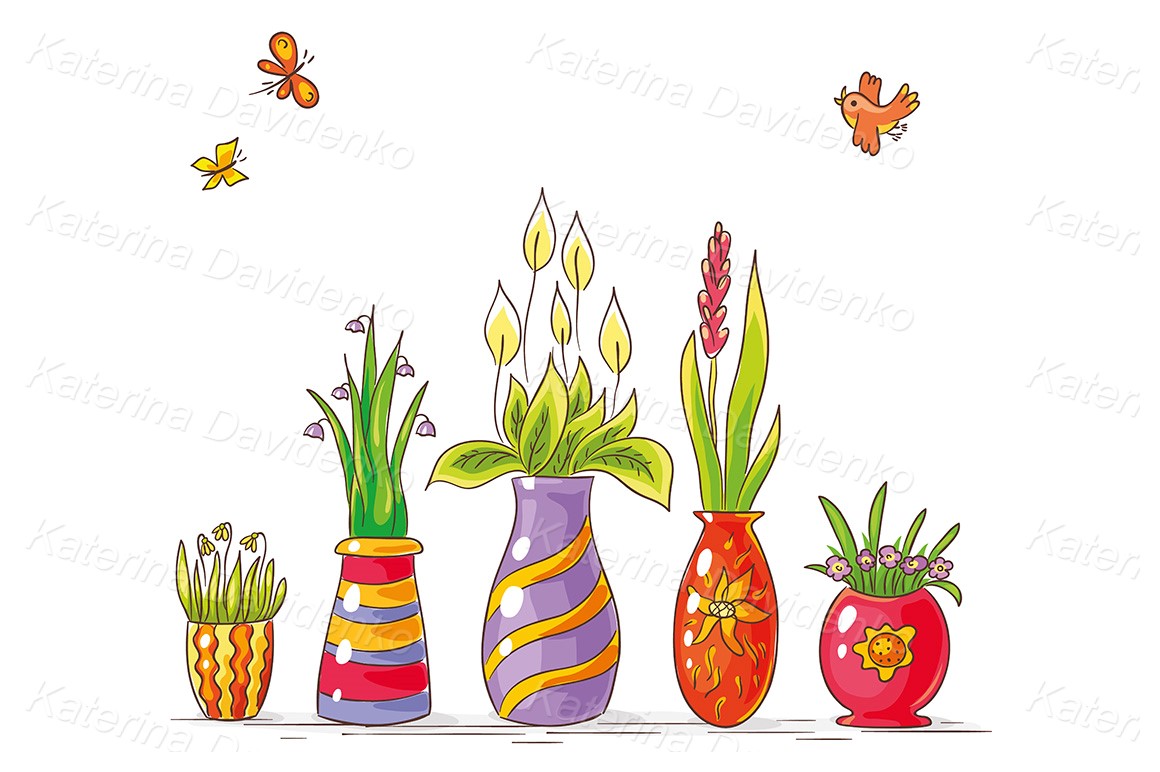 Drawing of vases with flowers, vector clipart