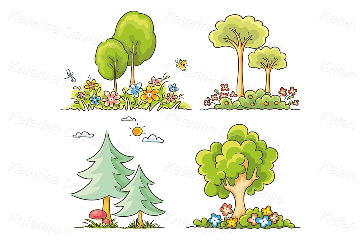Set of different cartoon trees with flowers