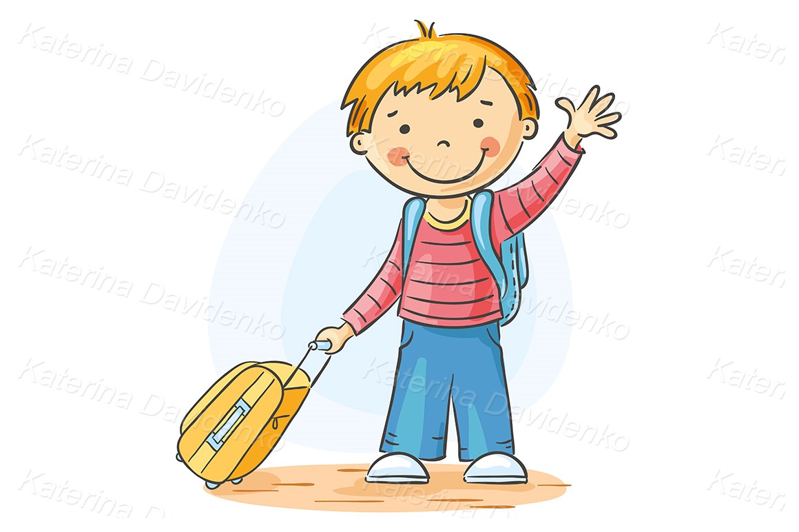 Cartoon cute child with a suitcase and backpack is leaving and waving goodbye