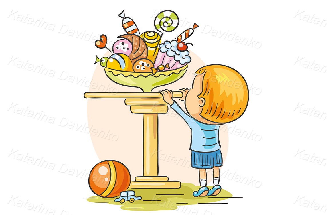 Child's drawing. Kid and sweets clipart