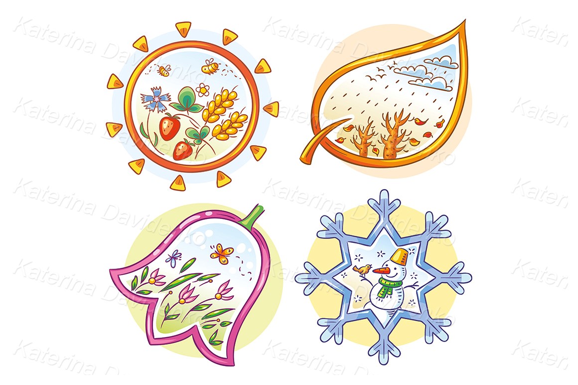 Four seasons in cartoon hand drawn pictures, Vector