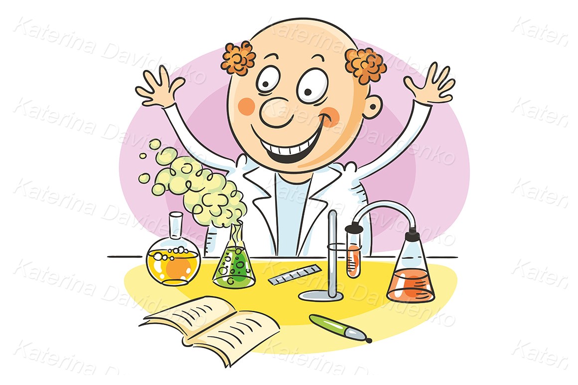 Cartoon scientist and his successful experiment, drawing illustration