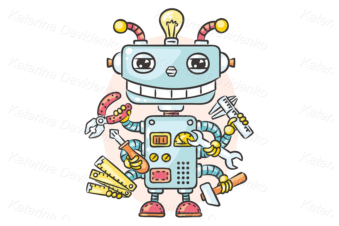 Cartoon smiling robot, android. Child's drawing clipart