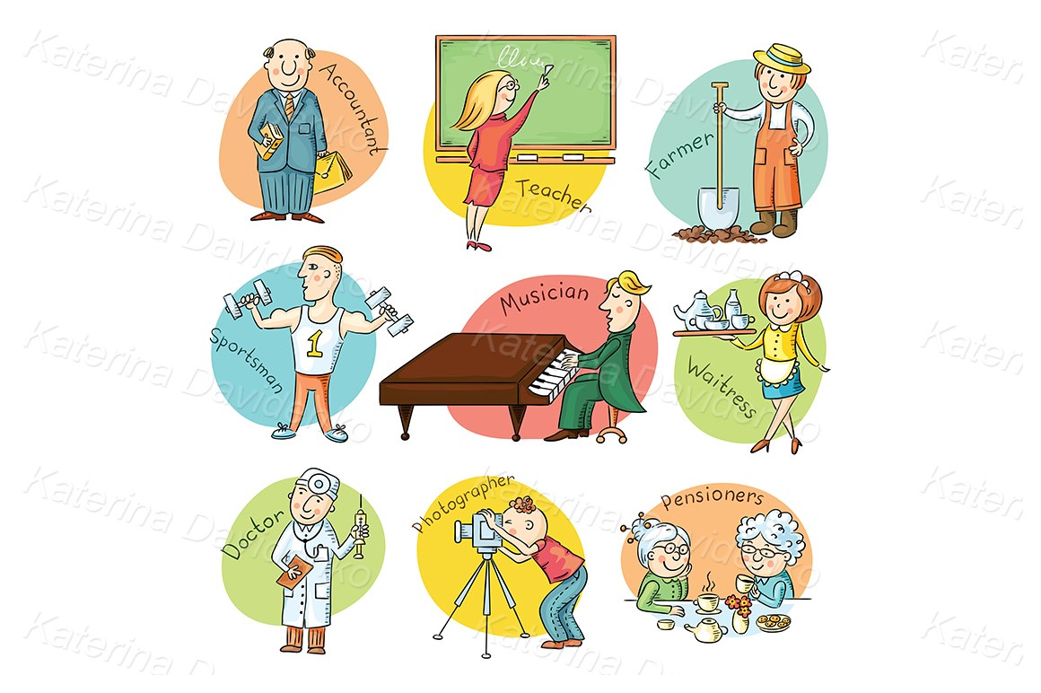 Hand drawn cartoon professions images, occupation stock clipart