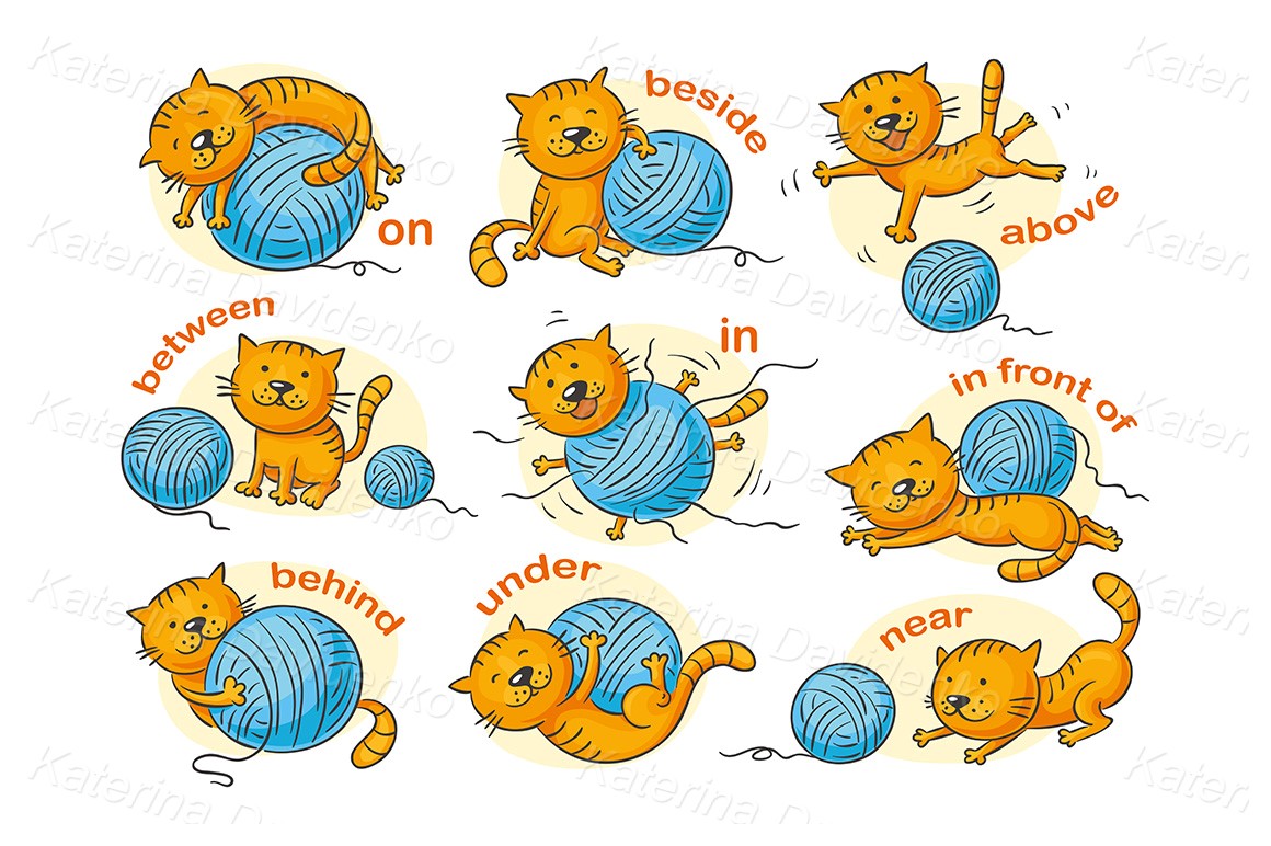 Prepositions of place, cartoon cat set. Learning clipart for kids