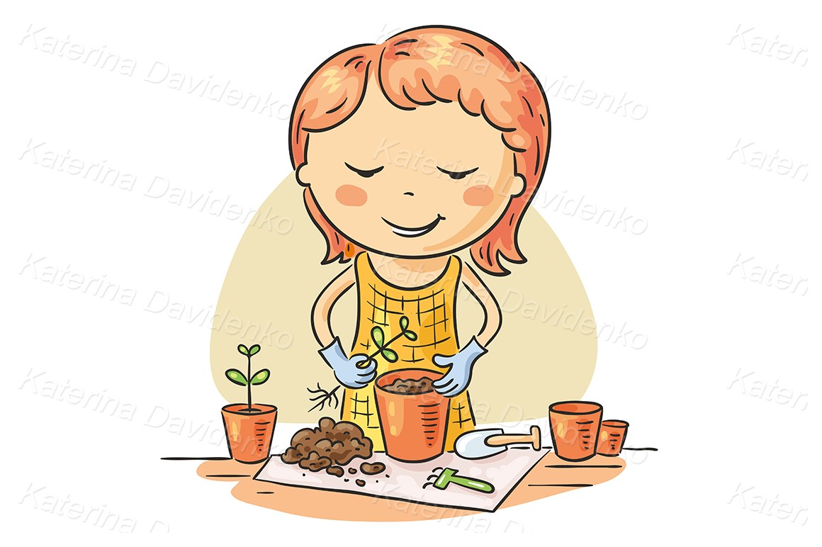 Girl planting seedlings into flowerpots, hand drawn image