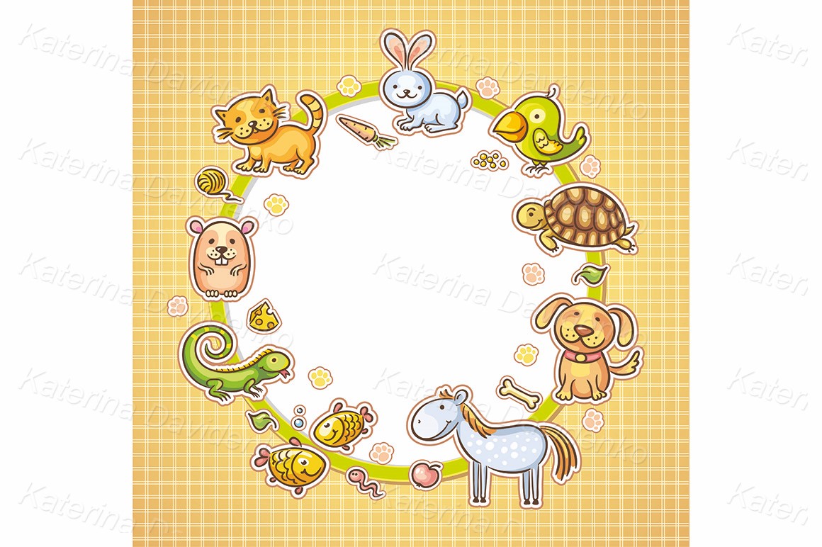 Child's drawing cartoon pets frame, colorful and outline version