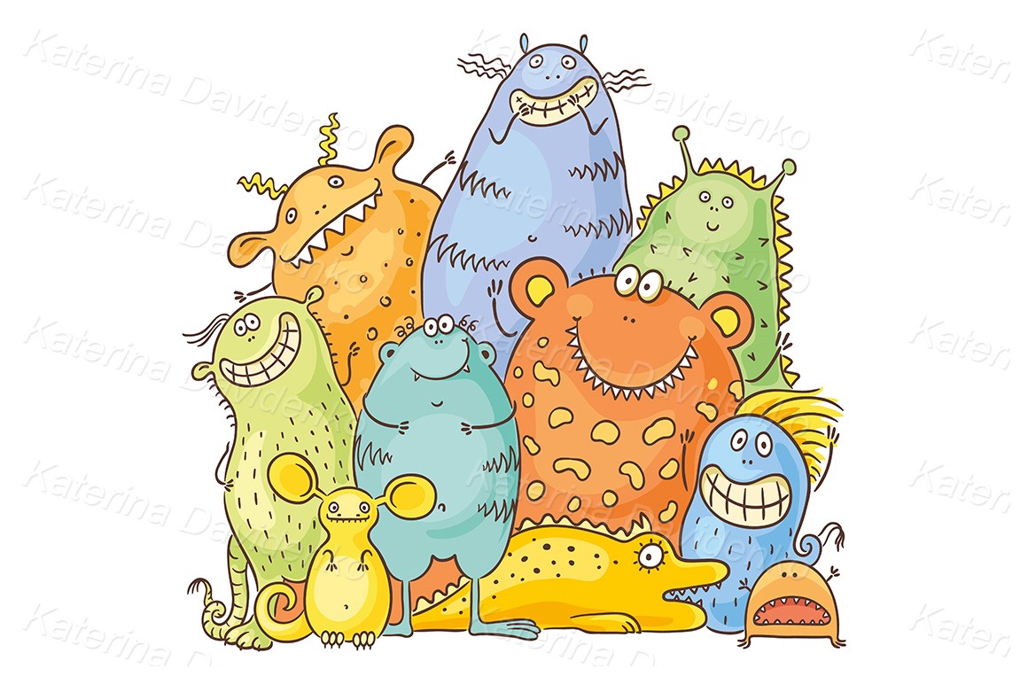 Group of happy cartoon monsters, child's drawing pic