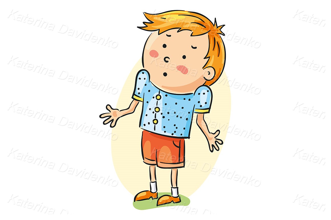 Illustration for kids. Cartoon boy is confused or doesn't know anything