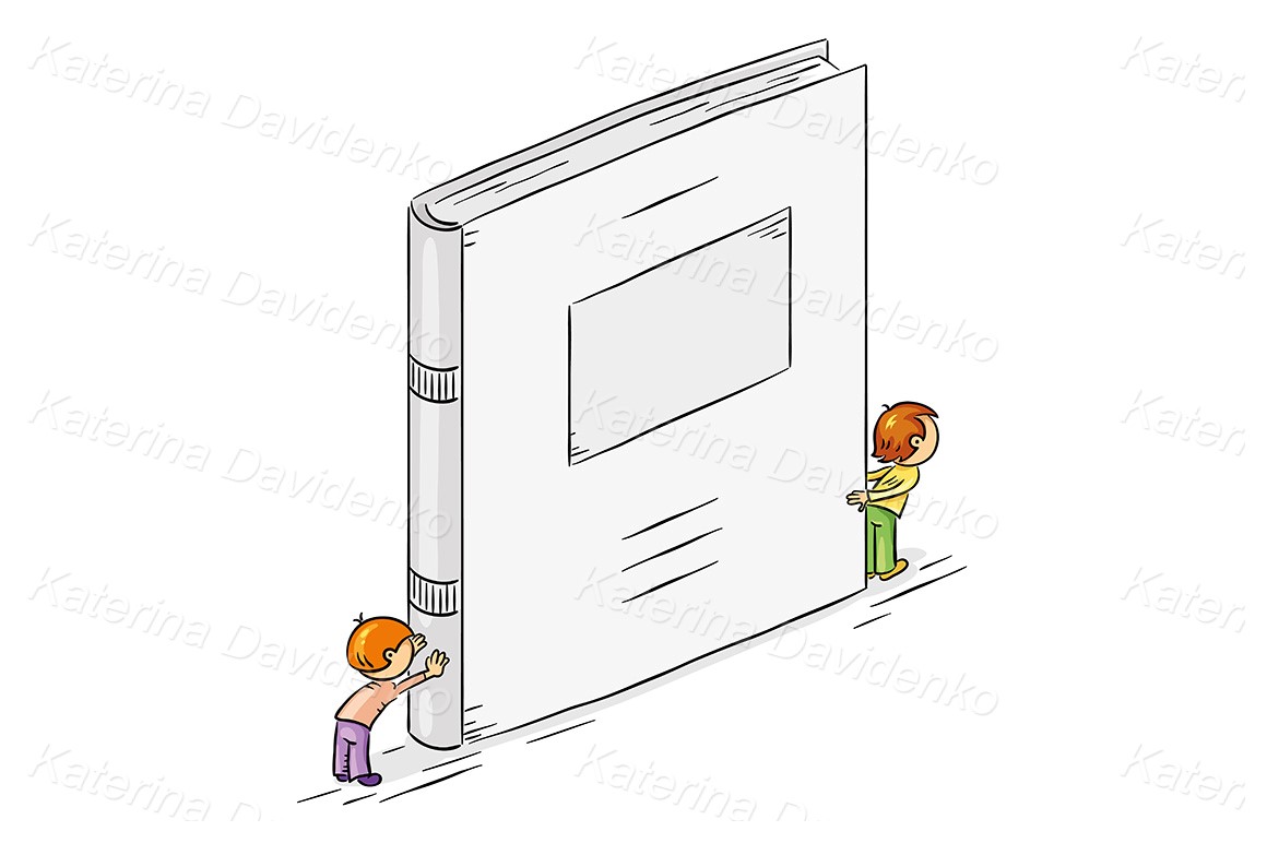 Cartoon characters holding a big book with copy space