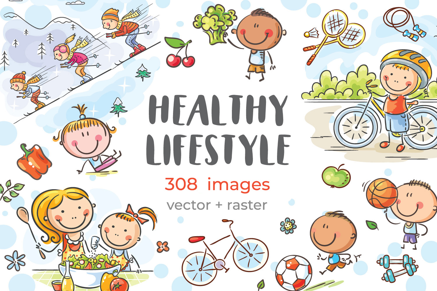 Hand drawn cartoon kids and families doing sports and eating healthy food. Healthy lifestyle bundle