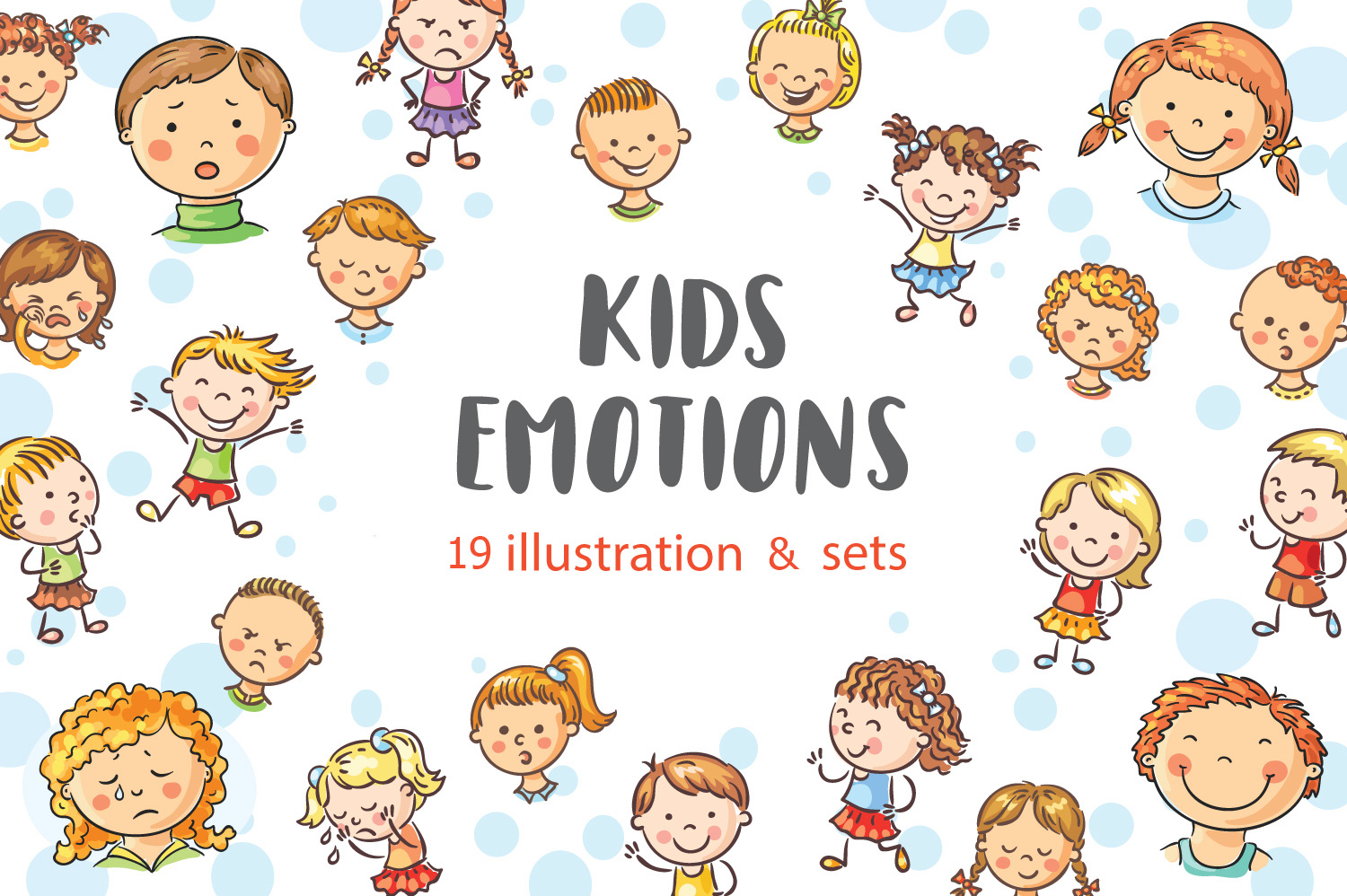 Cartoon kids with various emotions, vector doodle clipart  illustration
