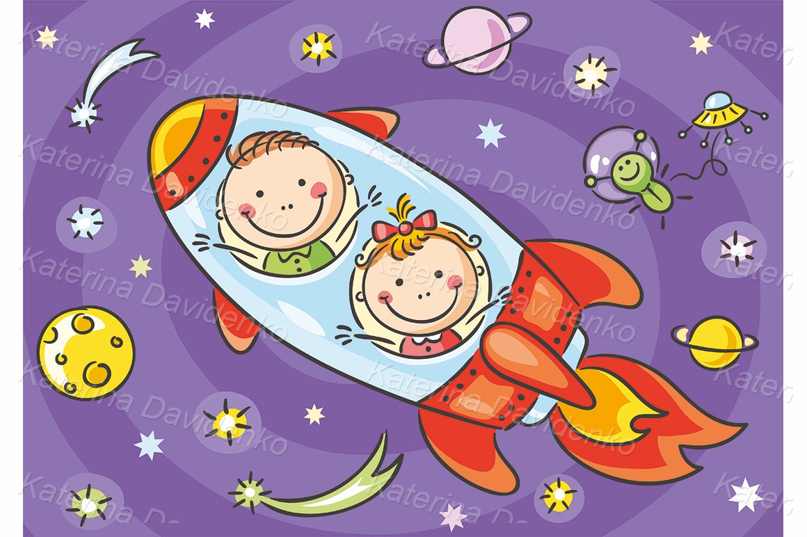 Space for kids clipart. Hand drawn cartoon children exploring space. Rocket