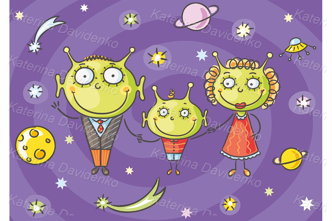 Hand drawn cartoon alien family clipart