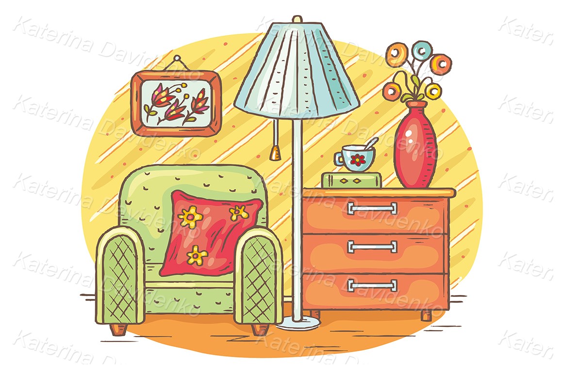 Interior cartoon drawing with an arm-chair, lamp and chest of drawers