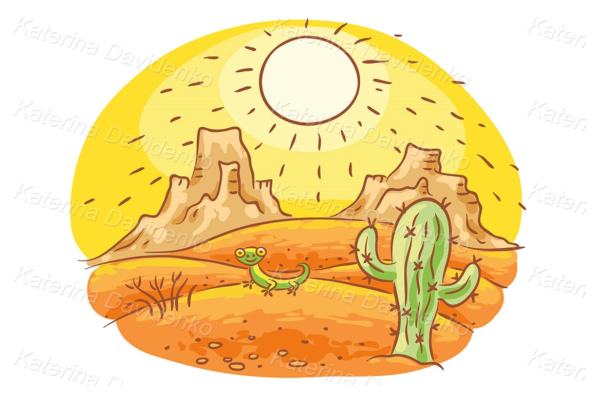 Cartoon lizard and cactus in the desert, child's drawing clipart