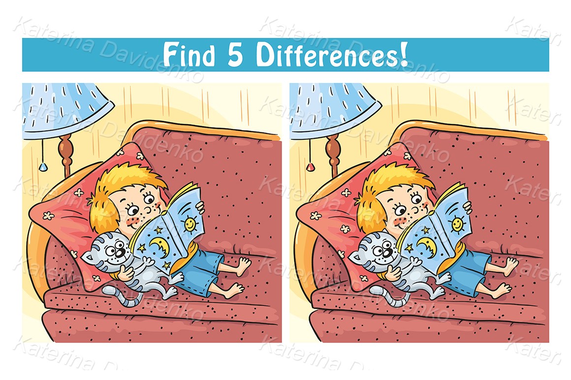 Find differences game with a cartoon boy reading a book