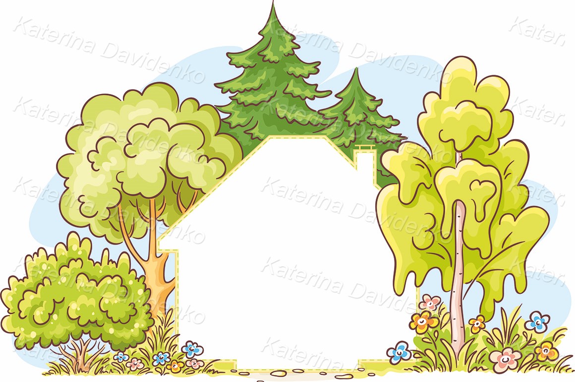 Blank frame in the form of house with a garden. Hand drawn cartoon vector illustration