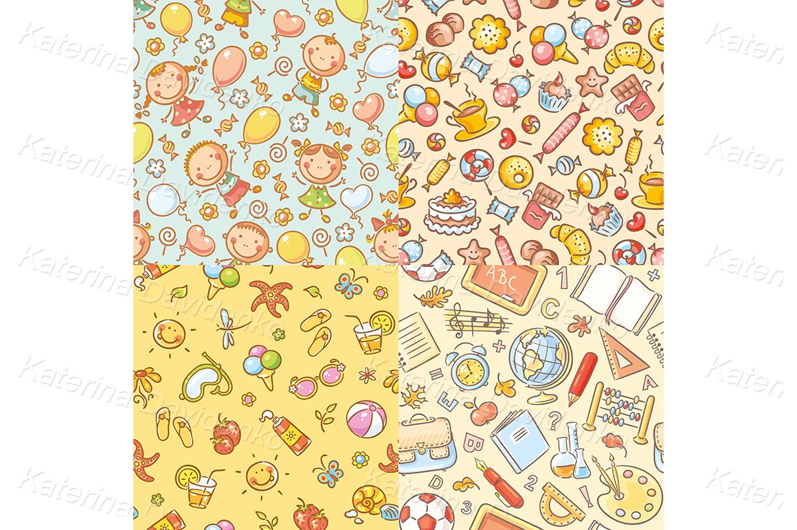 Set of seamless hand drawn patterns with kids, sweets, summer and school things
