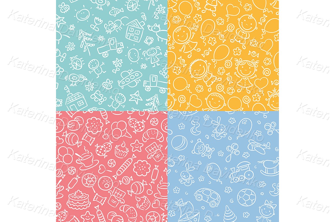 Set of simple monochrome seamless patterns with kids, sweets and toys
