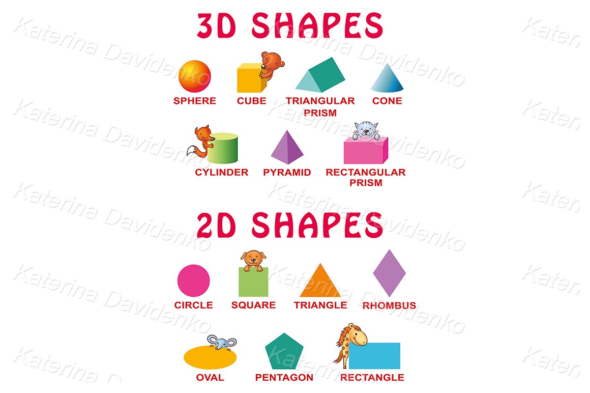 3d and 2d shapes. Teaching aid for kids clipart with cartoon animals